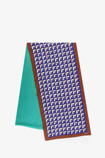 Miu Miu women’s multicolor silk scarf in vibrant teal and deep purple with geometric triangles and brown trim