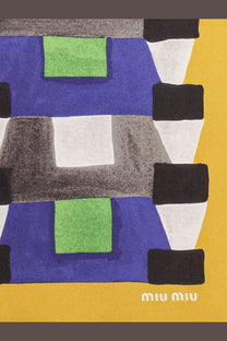Miu Miu women’s yellow silk scarf with bold blue green black gray and white geometric pattern