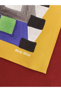 Miu Miu women’s yellow silk scarf with bold black white blue and green geometric pattern