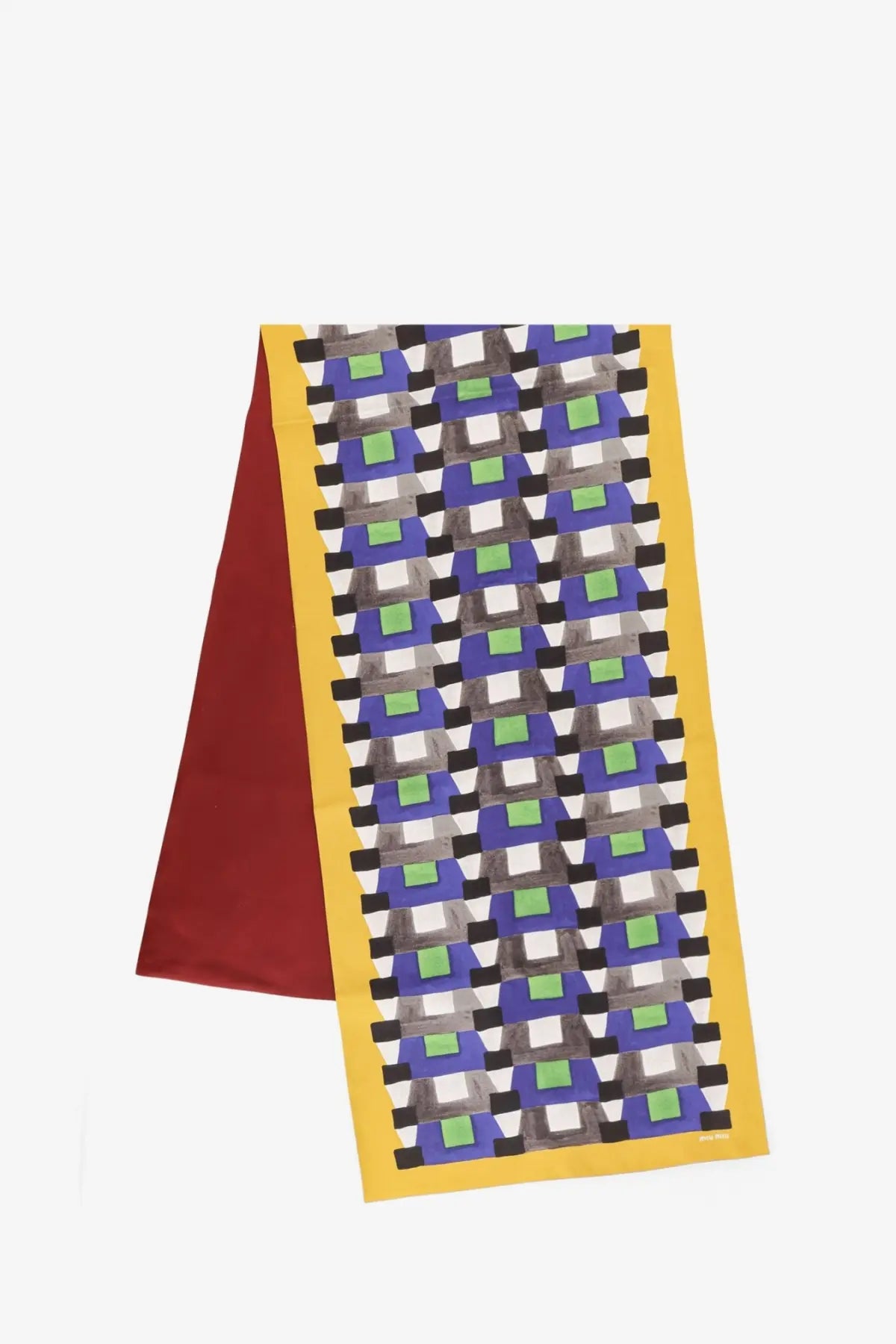 Miu Miu women’s multicolored silk scarf with a vibrant yellow border and bold geometric blue green gray squares on white