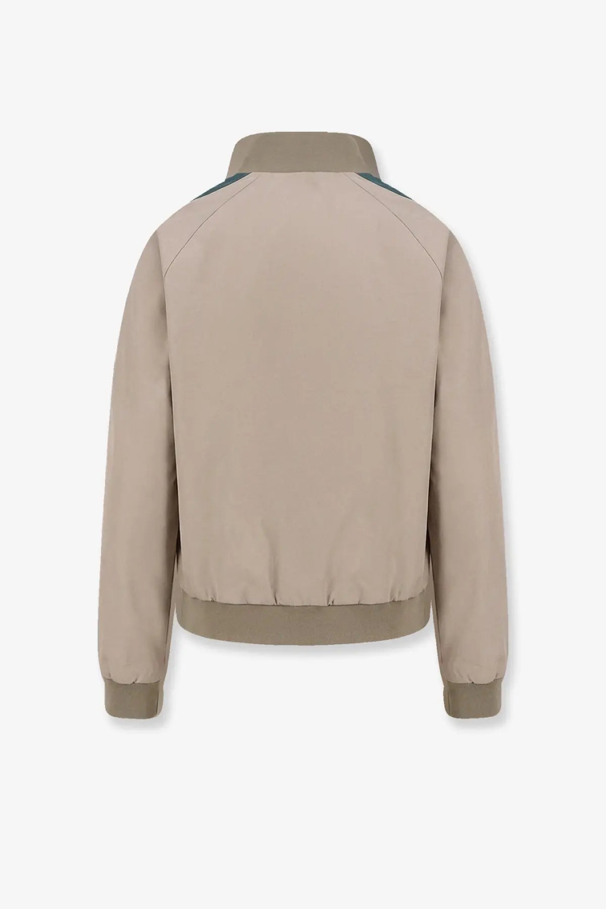 Miu Miu women’s old twill bomber jacket beige with contrasting dark green shoulder panels and ribbed cuffs