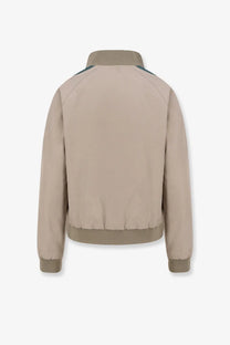 Miu Miu women’s old twill bomber jacket beige with contrasting dark green shoulder panels and ribbed cuffs