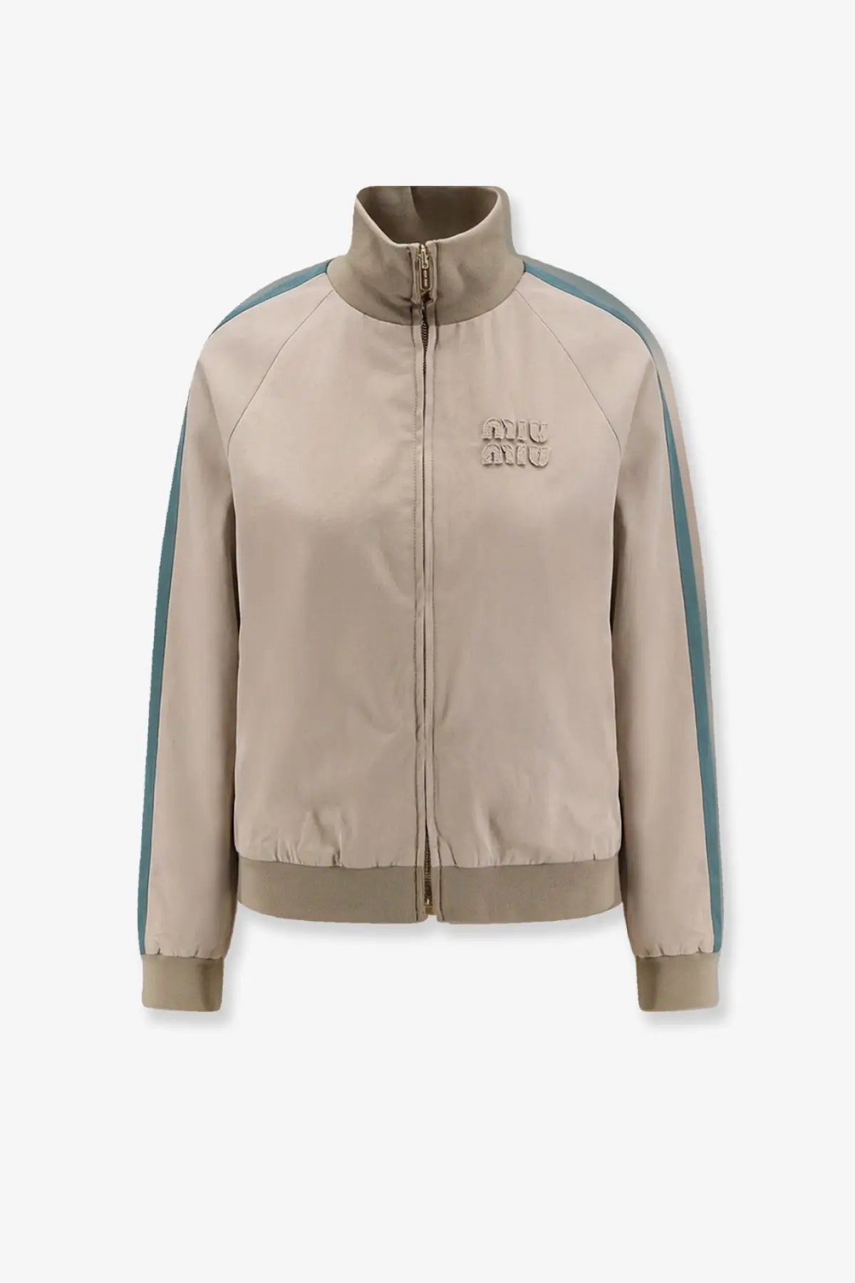Beige Miu Miu women’s old twill track jacket with teal side stripes and matching logo patch on the chest