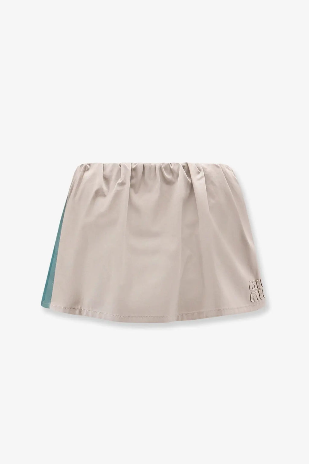 Miu Miu women’s old twill mini skirt green with beige pleats and teal side panel featuring subtle brand logo