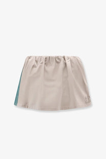 Miu Miu women’s old twill mini skirt green with beige pleats and teal side panel featuring subtle brand logo