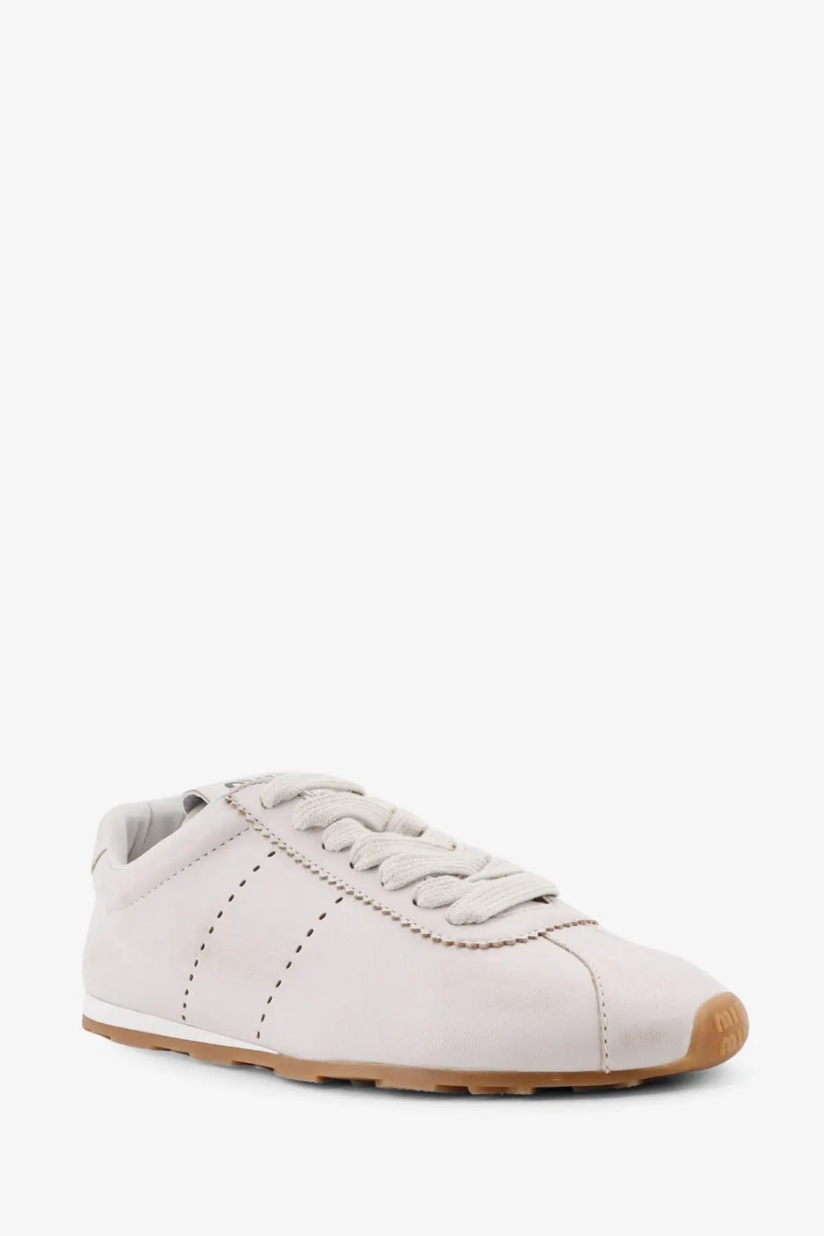 Miu Miu women’s plume leather sneakers in light gray suede with tan rubber sole and matching laces