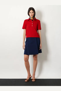 Miu Miu women’s red short-sleeved polo shirt with white buttons and colorful patterned collar in rubino shade