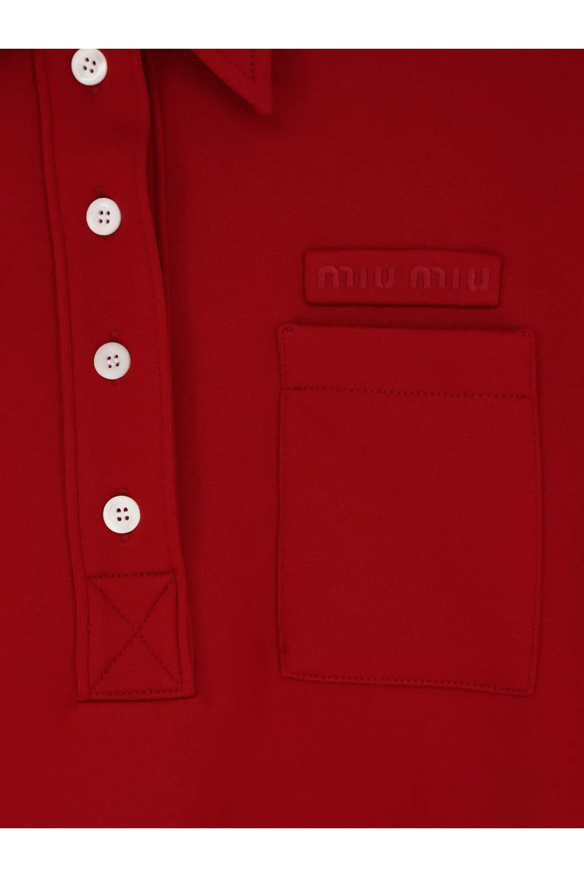 Miu Miu women’s red polo shirt with white buttons and branded patch on chest pocket in rubino color