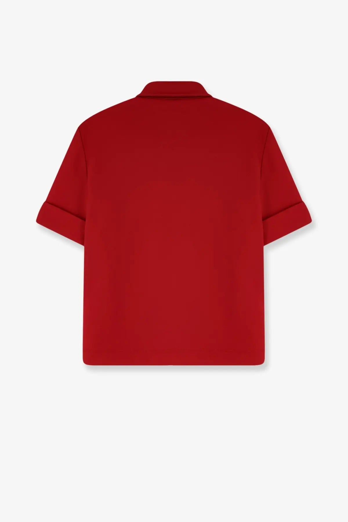 A vibrant red short-sleeved button-up polo shirt with classic collar and rolled cuffs by Miu Miu