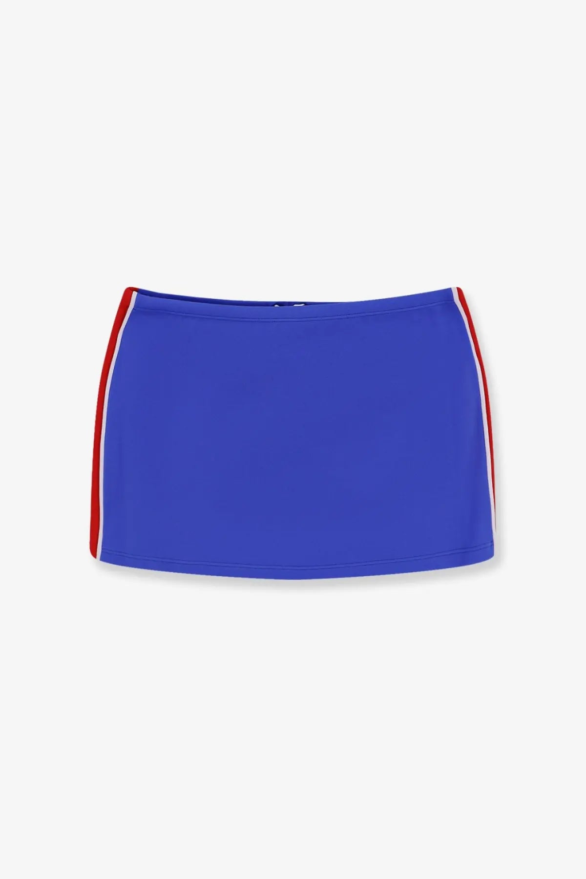 Miu Miu women’s bright blue mini skirt with red and white striped side panels made from recycled material