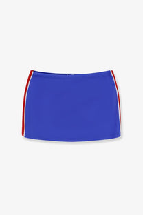 Miu Miu women’s bright blue mini skirt with red and white striped side panels made from recycled material