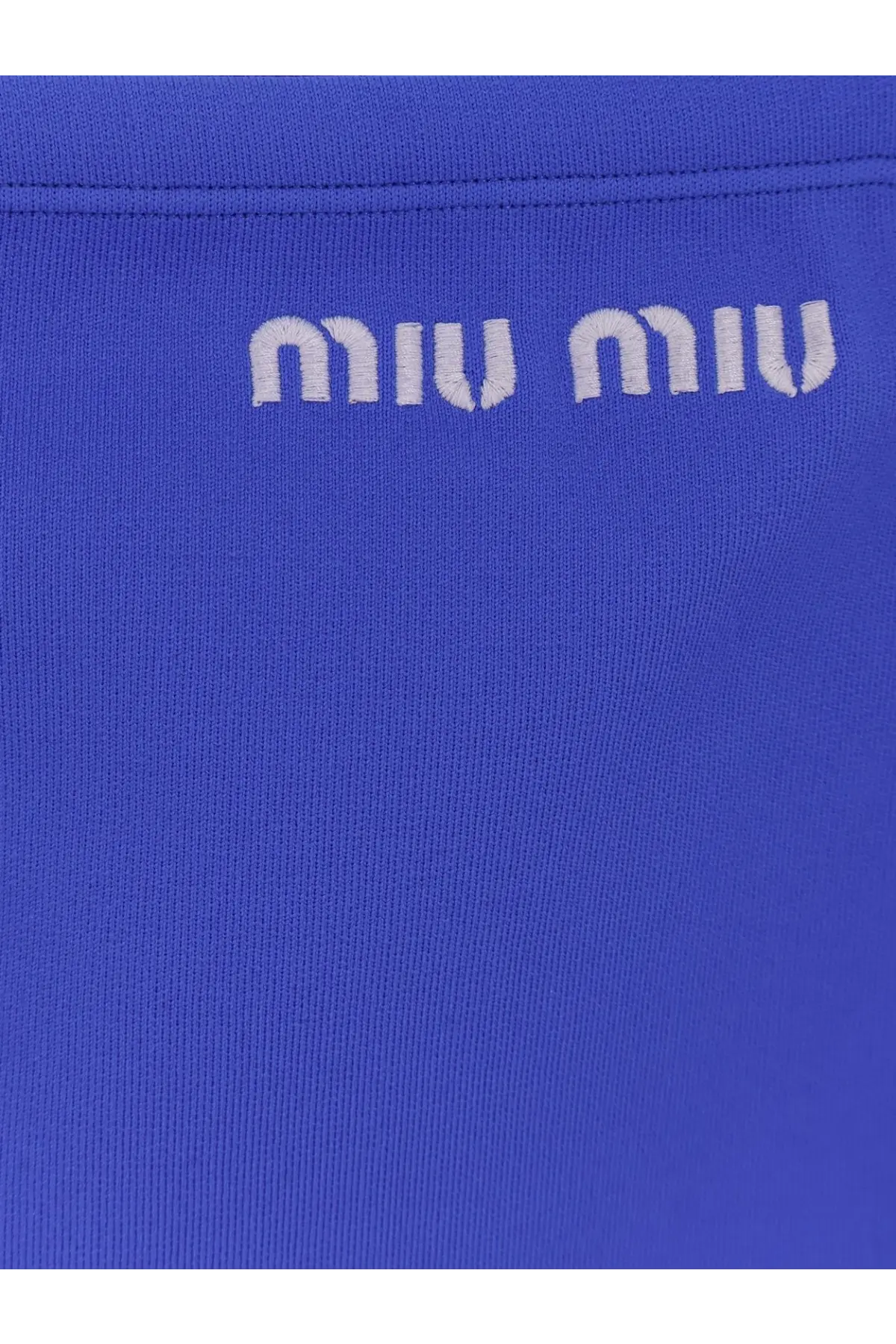 Bright blue miu miu logo embroidered on ribbed knit fabric of miu miu womens recycled material mini skirt blue