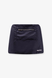Navy blue nylon mini skirt with front zipper pocket and white miu miu logo made from recycled material