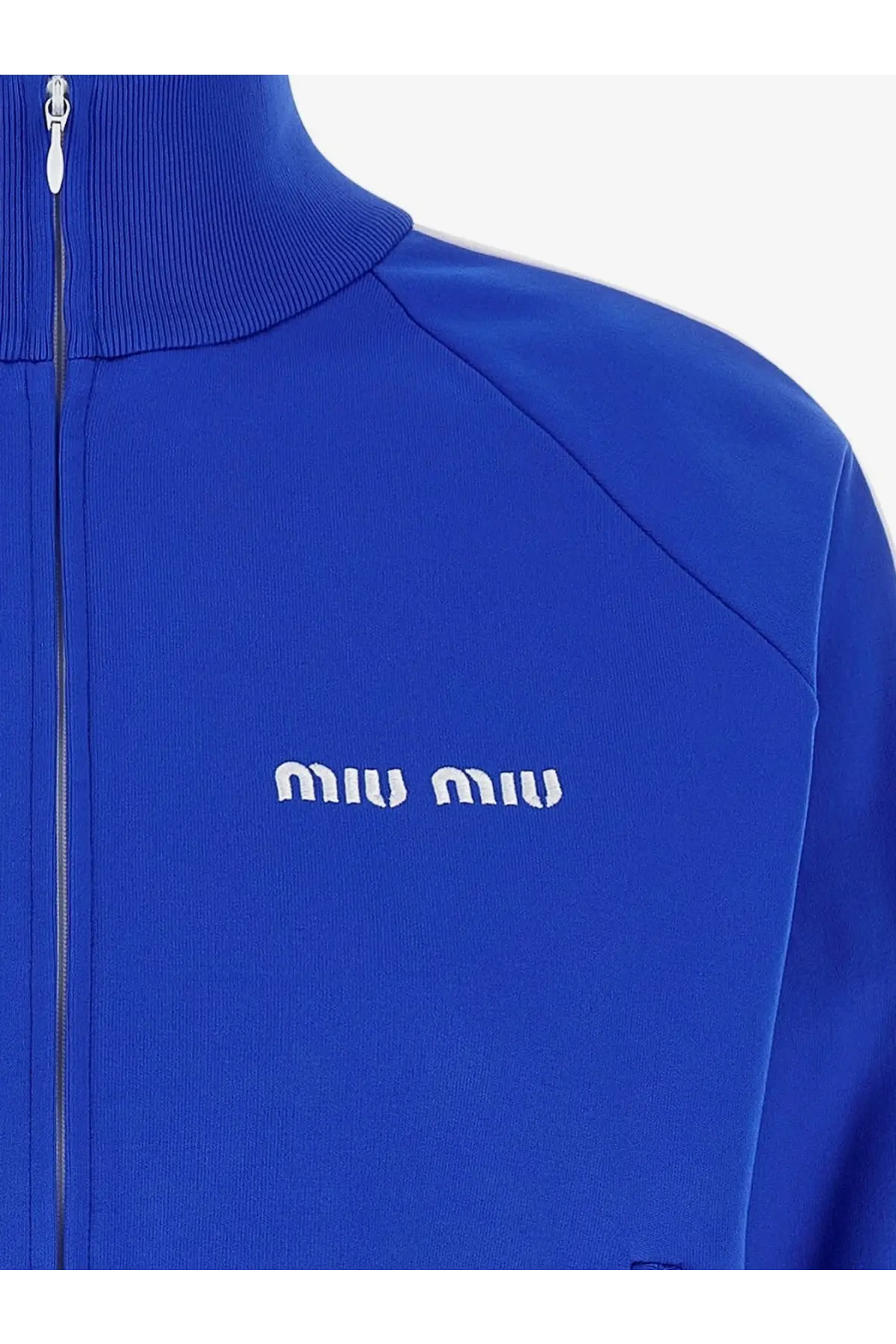 Bright royal blue miu miu women’s zip-up track jacket with white embroidered logo and ribbed collar made from recycled material