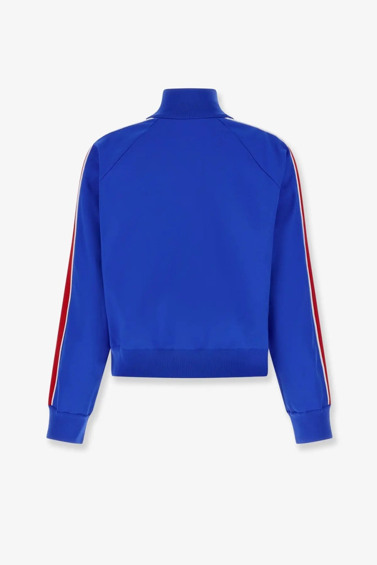 Miu Miu women’s recycled material vibrant royal blue cropped track jacket with bold red and white striped sleeves