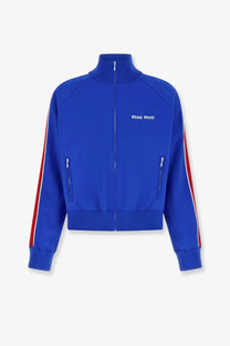 Vibrant royal blue miu miu women’s recycled material sweatshirt with bold red and white striped sleeves