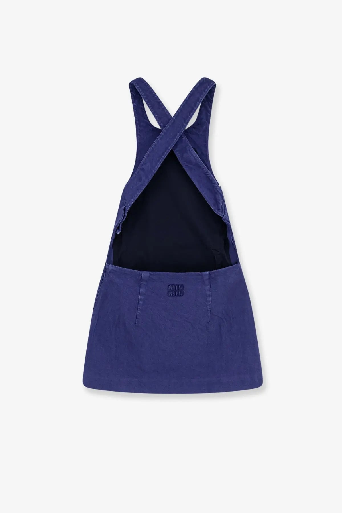 Miu Miu women’s navy blue denim overall dress with crossed shoulder straps and black inner lining in Inchiostro color