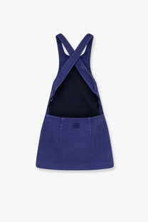 Miu Miu women’s navy blue denim overall dress with crossed shoulder straps and black inner lining in Inchiostro color