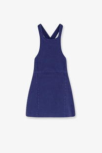 Miu Miu women’s navy blue denim pinafore dress with crossed shoulder straps and front patch pocket in Inchiostro