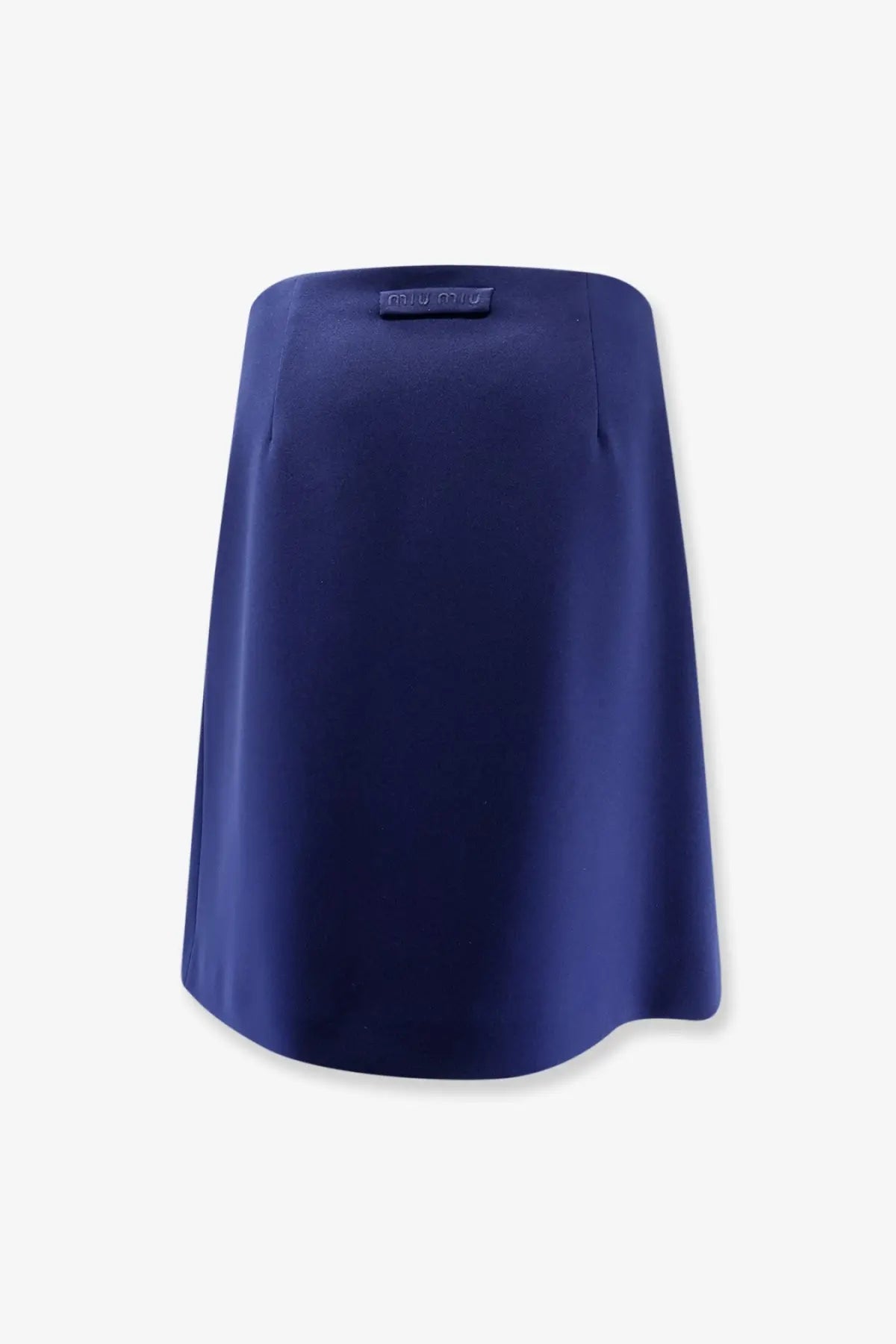 Deep navy satin miu miu women’s skirt baltico with sleek minimalist design and subtle logo plaque at waistband