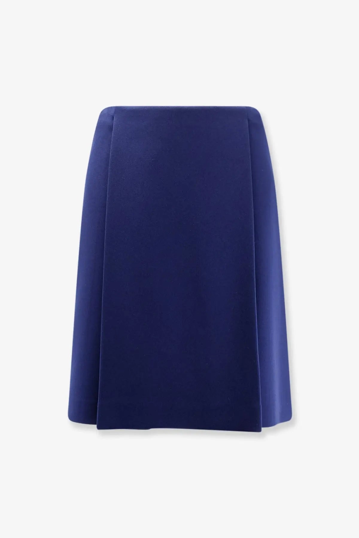 Miu Miu women’s skirt Baltico is a sleek navy blue pleated skirt with structured fabric and clean vertical seams