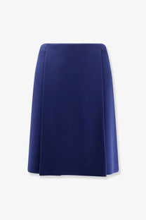 Miu Miu women’s skirt Baltico is a sleek navy blue pleated skirt with structured fabric and clean vertical seams