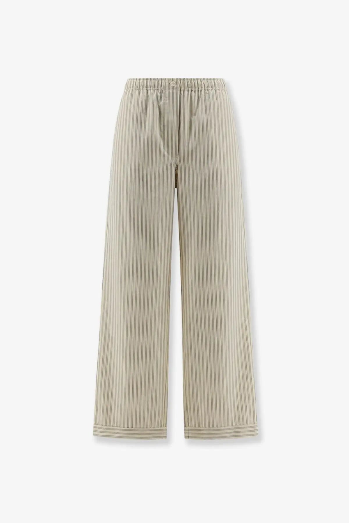 Miu Miu women’s striped cotton pajama pants in beige and gray with vertical stripes and elastic waistband
