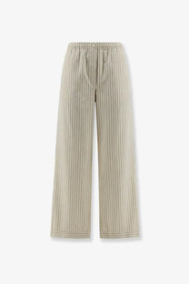 Miu Miu women’s striped cotton pajama pants in beige and gray with vertical stripes and elastic waistband