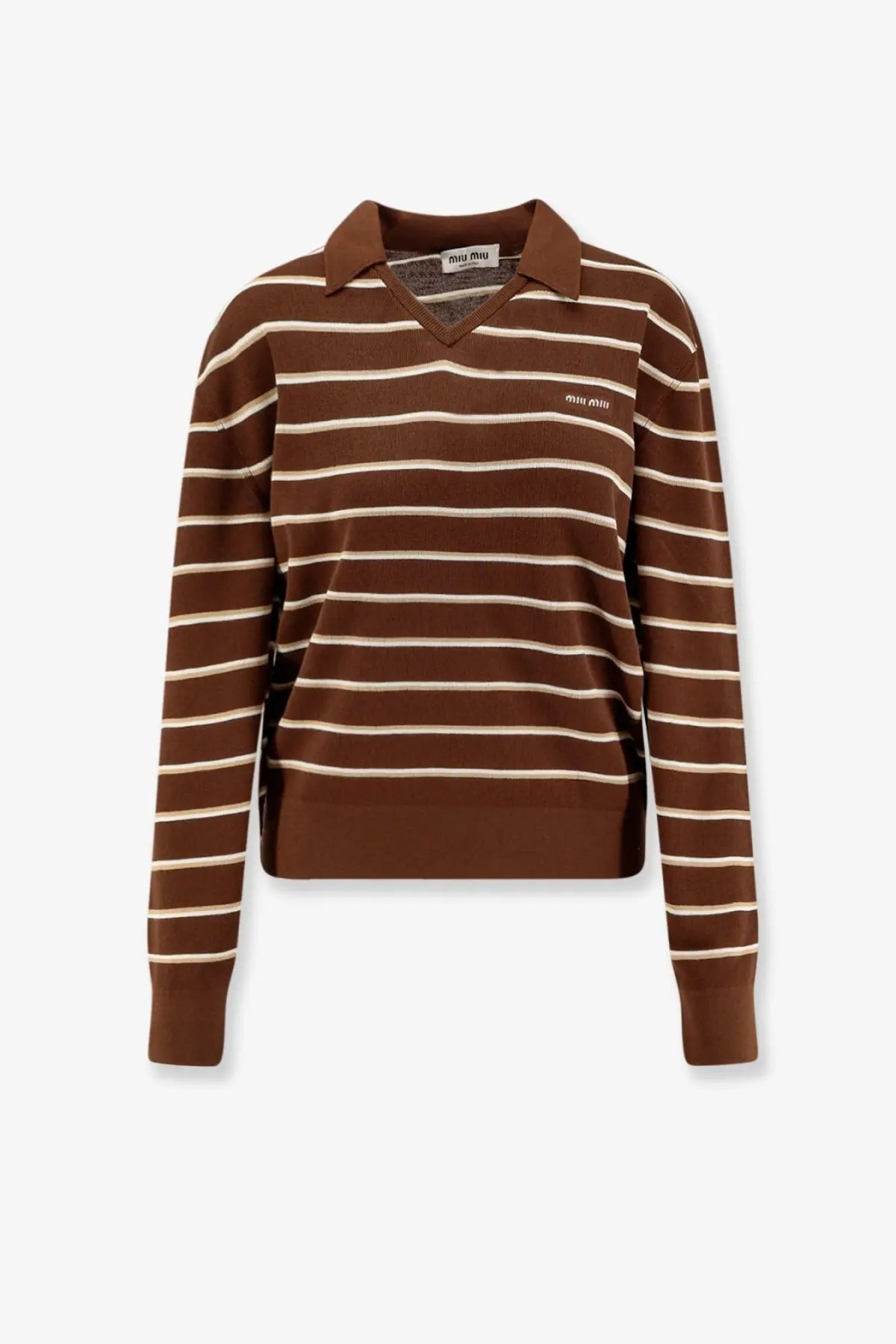 Miu miu women’s brown and cream striped cotton polo shirt with knit texture and polo neck design