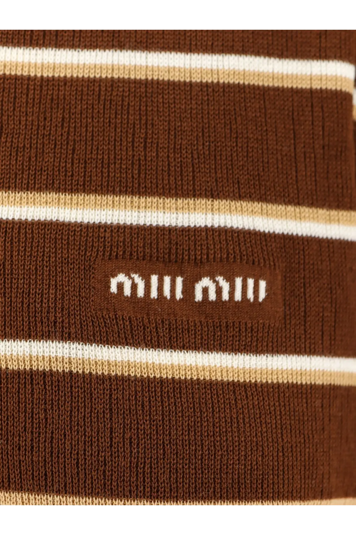 Miu Miu women’s brown cotton polo shirt with horizontal cream and off-white stripes and woven logo patch