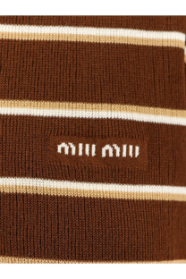Miu Miu women’s brown cotton polo shirt with horizontal cream and off-white stripes and woven logo patch