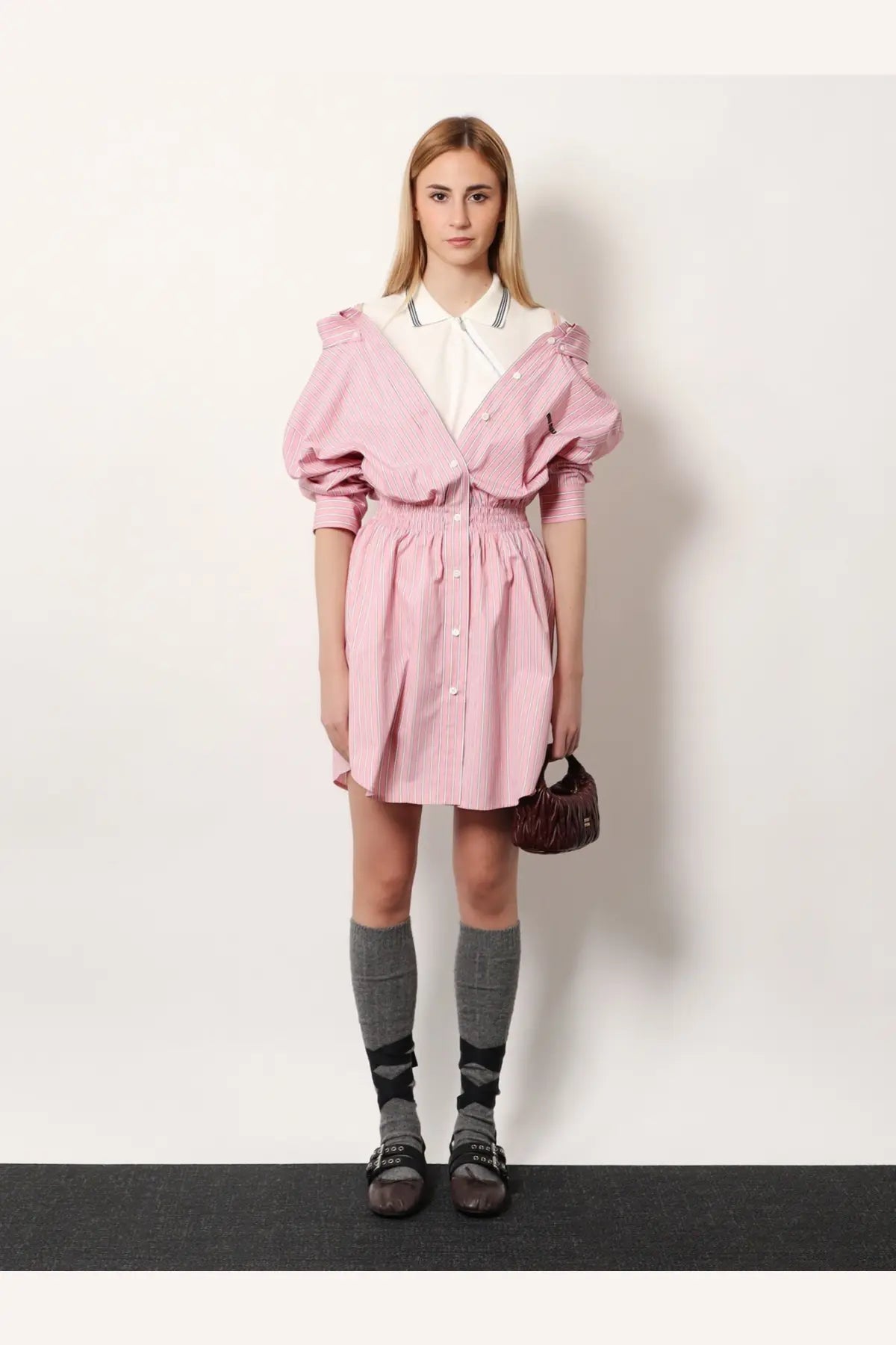 Miu Miu women’s pink and white striped cotton shirt dress with puffed sleeves and gathered waist