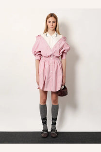 Miu Miu women’s pink and white striped cotton shirt dress with puffed sleeves and gathered waist