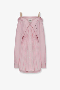 Miu miu womens pink and white striped cotton off the shoulder shirt dress with gathered waist