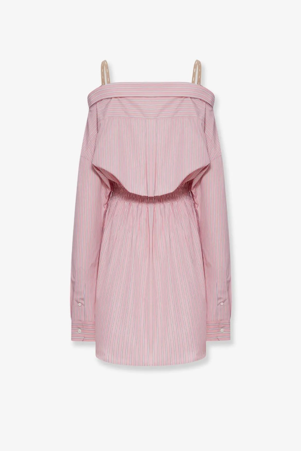 Miu Miu women’s pink and white striped cotton off the shoulder shirt dress with thin straps and long sleeves