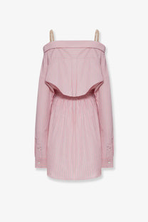 Miu Miu women’s pink and white striped cotton off the shoulder shirt dress with thin straps and long sleeves