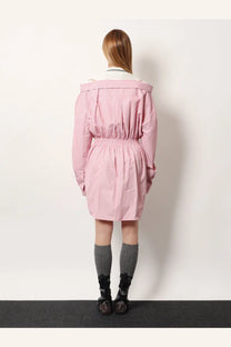 Miu Miu women’s pink and white striped cotton off the shoulder dress with gathered waist