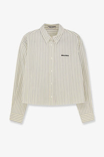 A cream-colored miu miu women’s button-down cotton shirt with thin black vertical stripes and a small chest logo