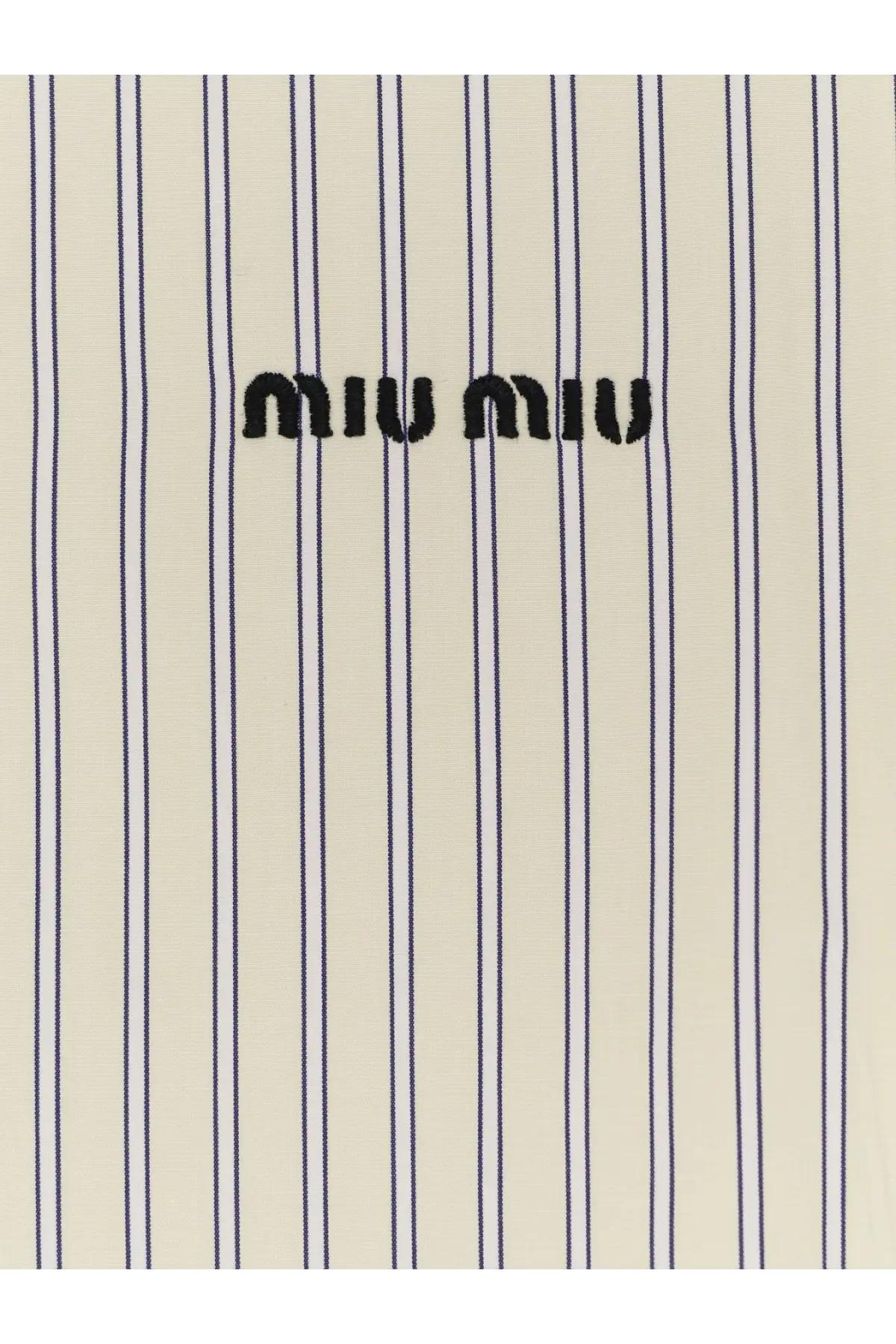 Cream-colored cotton shirt with thin navy blue stripes and black miu miu logo embroidered on the front center