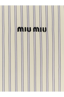 Cream-colored cotton shirt with thin navy blue stripes and black miu miu logo embroidered on the front center