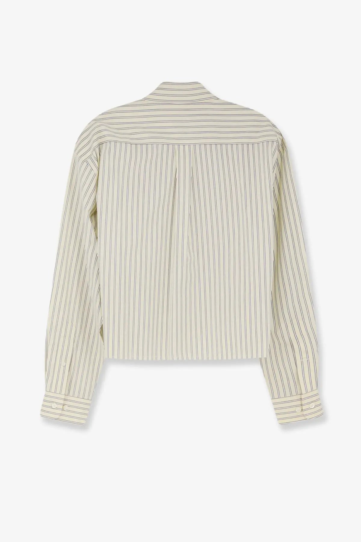 Miu Miu women’s white cotton shirt with cream vertical stripes and subtle black pinstripe in a relaxed fit
