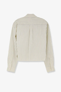 Miu Miu women’s white cotton shirt with cream vertical stripes and subtle black pinstripe in a relaxed fit