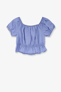 Miu Miu women’s blue light cotton off-the-shoulder plaid crop top with puffed sleeves and ruffled hem