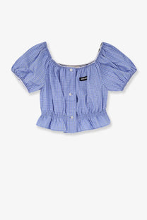 Miu Miu women’s blue and white checkered cotton off-the-shoulder cropped blouse with puffed sleeves and ruffled hem