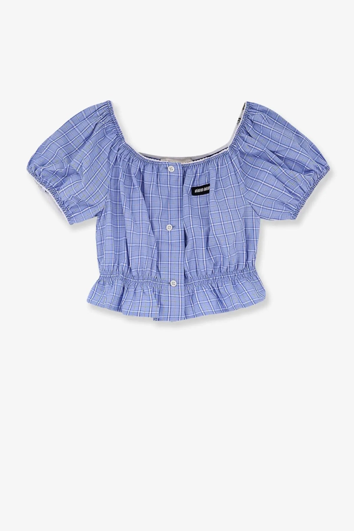 Blue and white checkered off-the-shoulder cropped blouse with puffed sleeves and ruffled hem by miu miu cotton