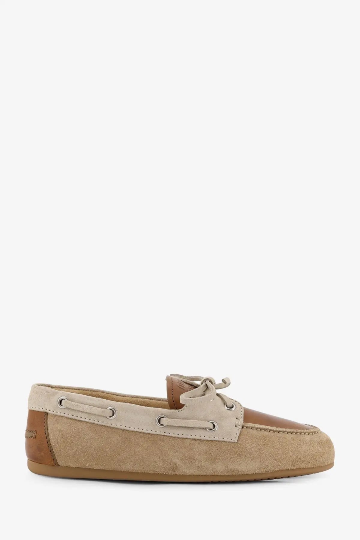 Miu Miu women’s suede loafer white in beige with tan leather accents and classic lace up boat shoe design