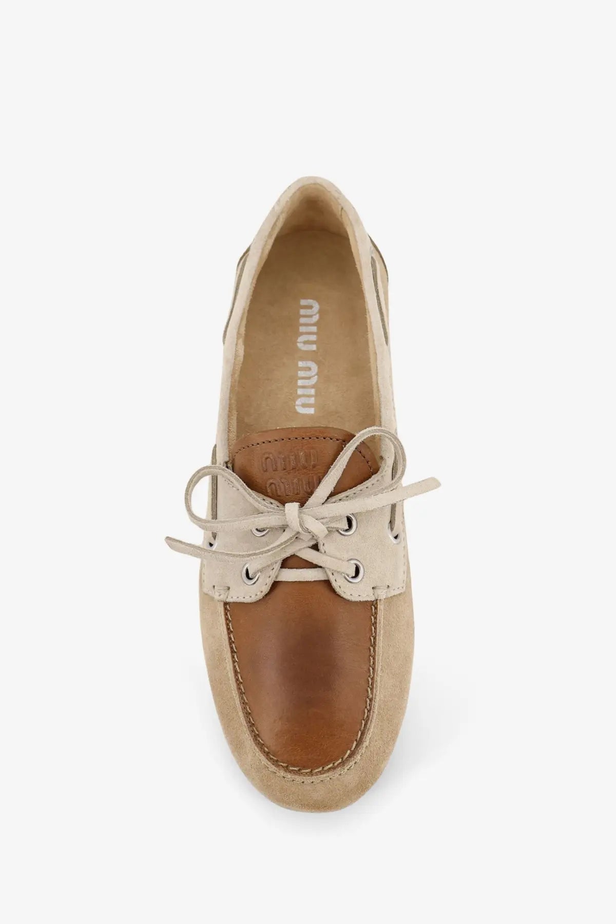 Beige and tan suede boat shoe with lace-up front from miu miu women’s suede loafer white collection