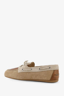 Miu Miu women’s suede loafer in beige suede and tan leather with classic lace up boat shoe design