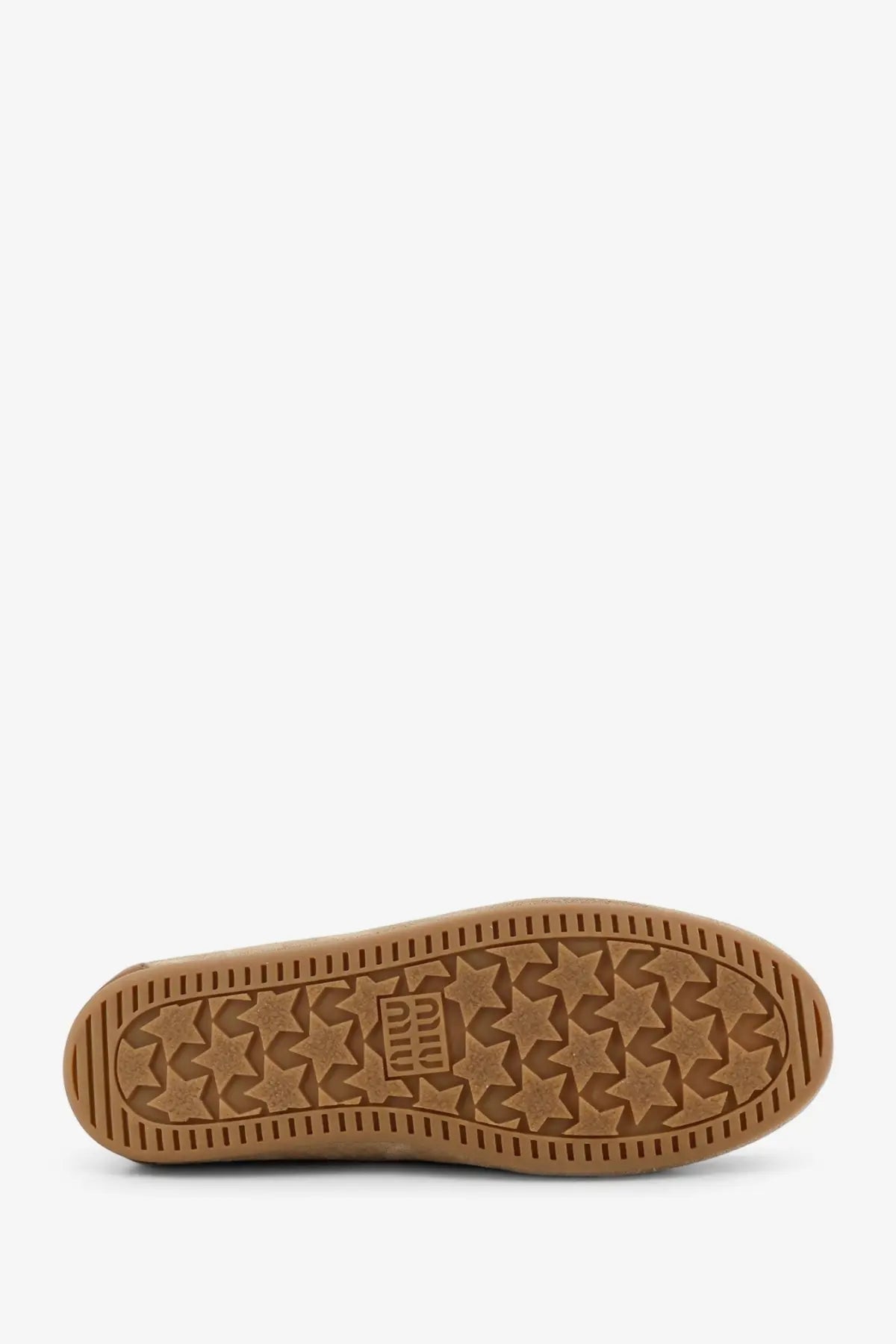 Brown rubber sole with star pattern and puma logo embossed on miu miu white suede women’s loafer