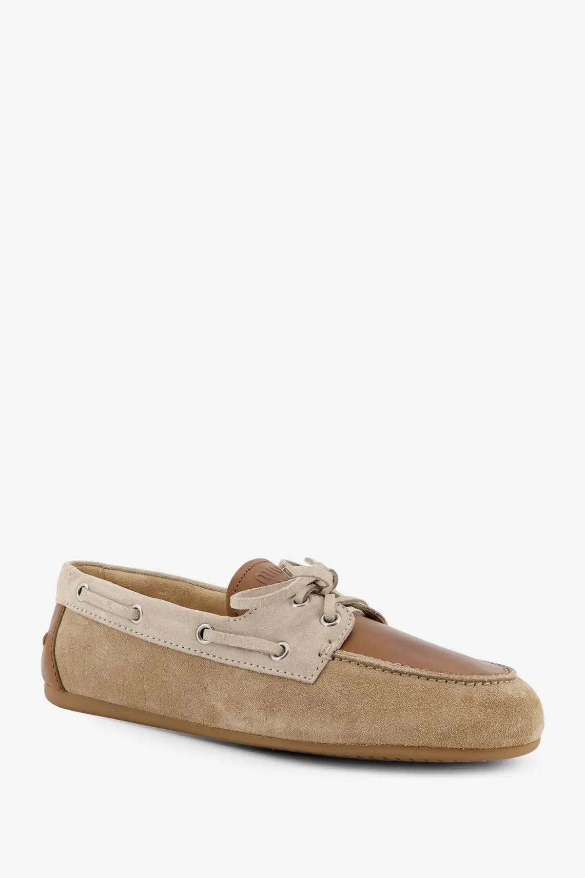 Miu Miu women’s suede loafer in tan with beige leather strap and matching laces boat shoe style